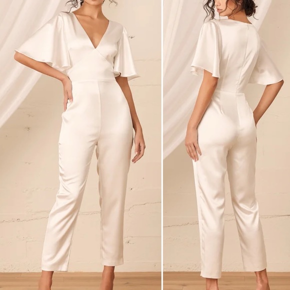 Lulus Forever Awaits White Satin Flutter Sleeve Jumpsuit Bridal Size S - Picture 1 of 7